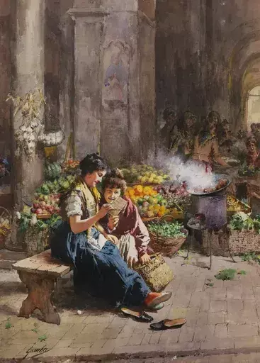 Enrico GAMBA - Disegno Acquarello - Deux femmes regardant une photo sur le marché de Florence