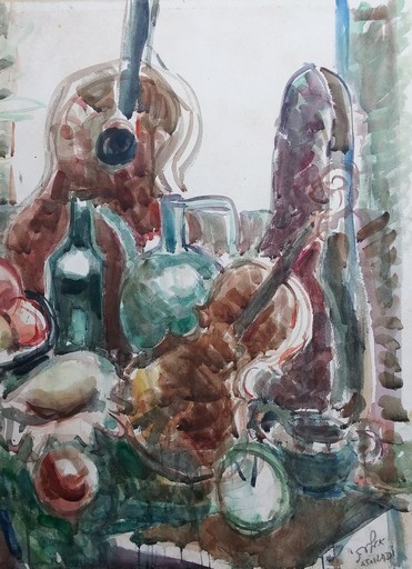Aharon GILADI - Drawing-Watercolor - Still life with Musical Instruments