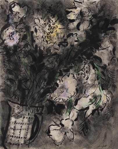 Marc CHAGALL - Drawing-Watercolor - Fleurs dans un vase à carreaux blancs 