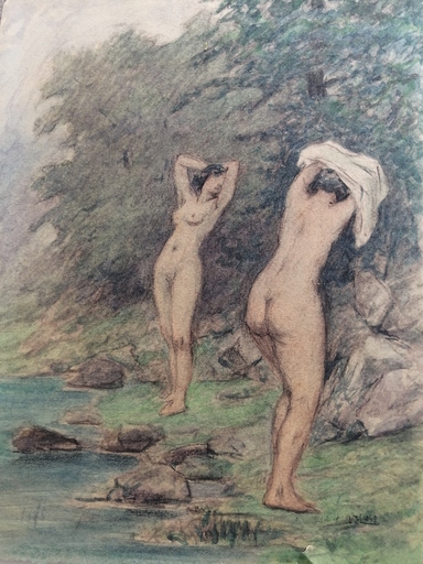 Charles françois MOUTHON - 水彩作品 - Deux nus au bain - (M14)