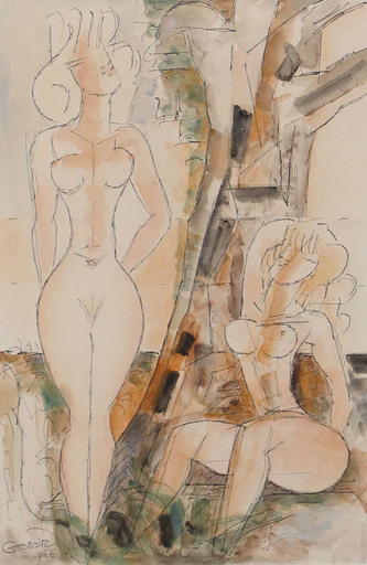 Marcel GROMAIRE - Zeichnung Aquarell - Nu debout et nus assis sous un arbre, 1966 