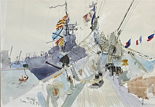 Michel KING - Drawing-Watercolor - Rouen - Les voiles de la Liberté A bord d'un grand voilier
