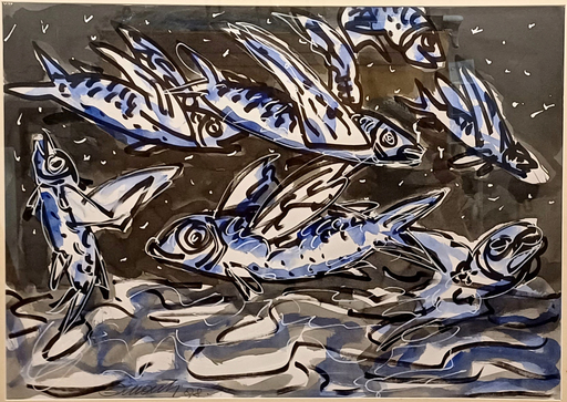 Silvio MONTI - Drawing-Watercolor - pesci volanti