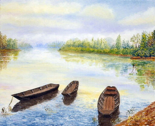 Gyslaine PACHET-MICHENEAU - Gemälde - Les 3 barques-Huile au couteau