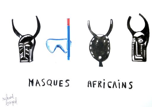 Richard BOIGEOL - Dibujo Acuarela - Masques AFRICAIN 