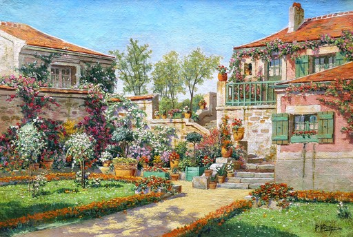 Pauline DELACROIX-GARNIER - Painting - Villa et jardin fleuri par temps ensoleillé
