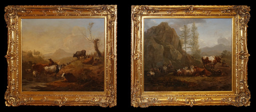 Willem ROMEYN - 绘画 - Pair of Dutch landscapes, herdsmen and cattle