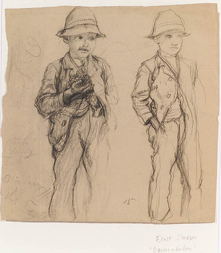 Ernst SCHROM - Zeichnung Aquarell - Peasant Boys, 20th Century