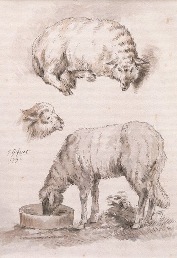 Jean-Baptiste I HUET - Disegno Acquarello - Deux études de moutons