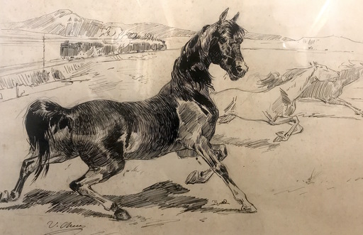 Ulpiano CHECA Y SANZ - Drawing-Watercolor - "Cheval de fer" Caballo - Horse