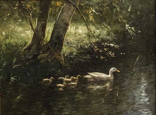 Constant ARTZ - Gemälde - Landscape with duck family on the river