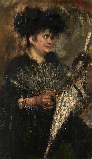 Antonio MANCINI - Painting - Donna con ventaglio e ombrello
