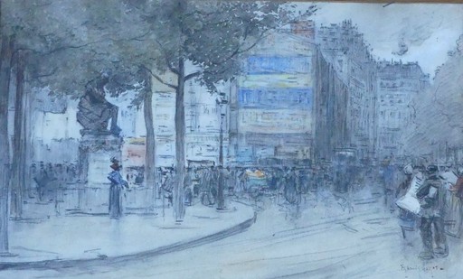 Francis GARAT - Zeichnung Aquarell - Paris, scène de rue