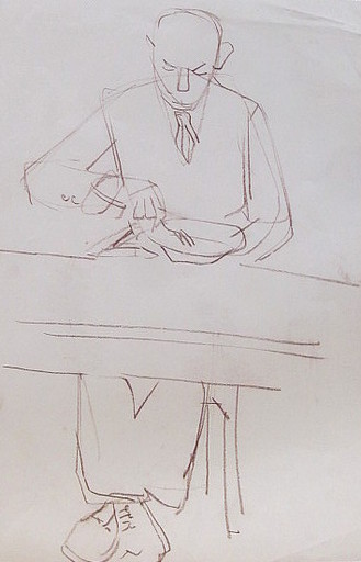 Erich HARTMANN - Dibujo Acuarela - #19718: Mann am Tisch beim Essen. 
