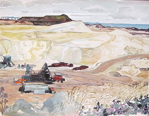 Paul MECHLEN - Drawing-Watercolor - Bauarbeiten in den Dünen auf Sylt. 