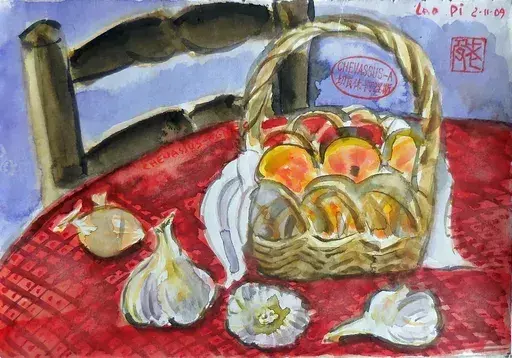 Jean-Pierre CHEVASSUS-AGNES - Dibujo Acuarela - composition sur nappe rouge ; ail et corbeille de fruits