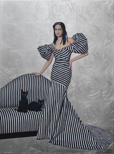 Nataliya BAGATSKAYA - Pintura - Contemporary portrait "Two Black Cats on the Sofa"
