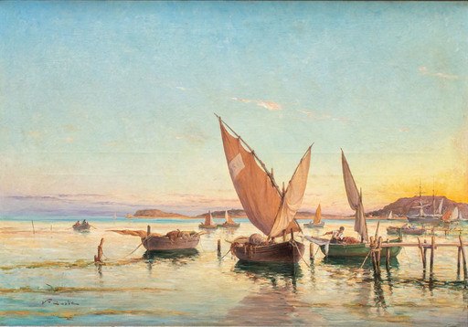 Victor COSTE - Pittura - Marine view with boats