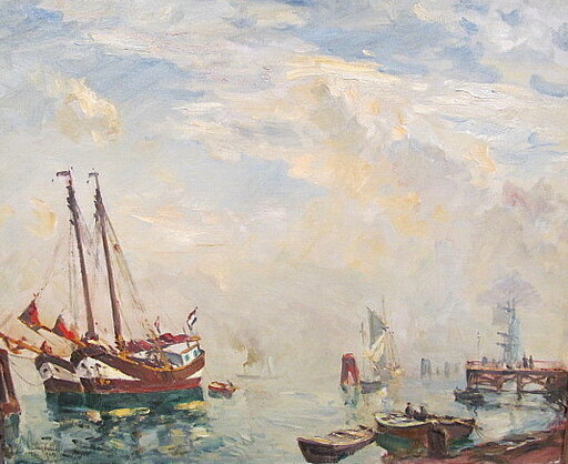 Ulrich HÜBNER - Painting - Schiffe und Ruderboote im Hafen. 