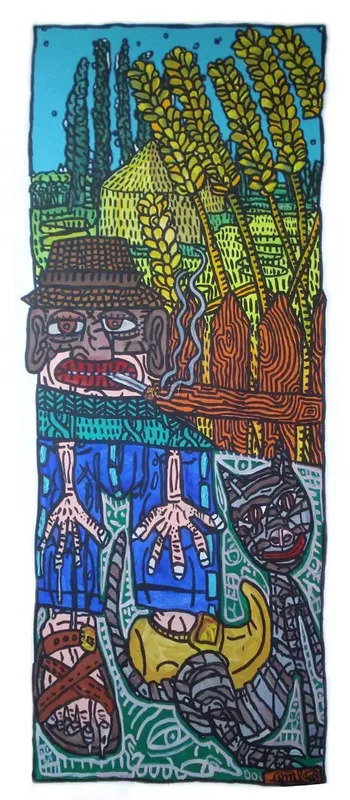 贡巴斯 - 绘画 - " le paysan caraboche et son chat milou"