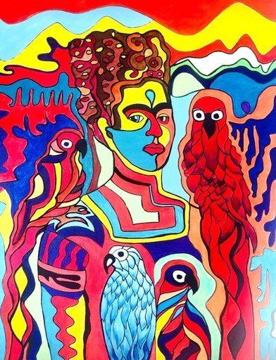 Katie GUITTARD - Peinture - Frida Kahlo et ses perroquets