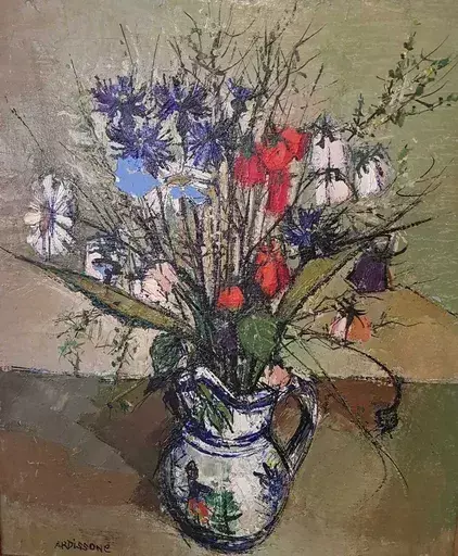 Yolande ARDISSONE - Painting - Bouquet de fleur et faïence de Quimper