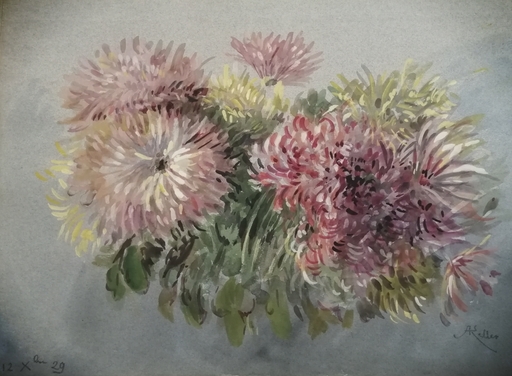 Alfred KELLER - Dibujo Acuarela - Chrysanthèmes - 12-29