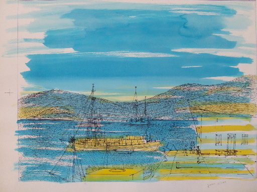 Jean CARZOU - Dibujo Acuarela - "Les Voiliers dans la Baie"1975