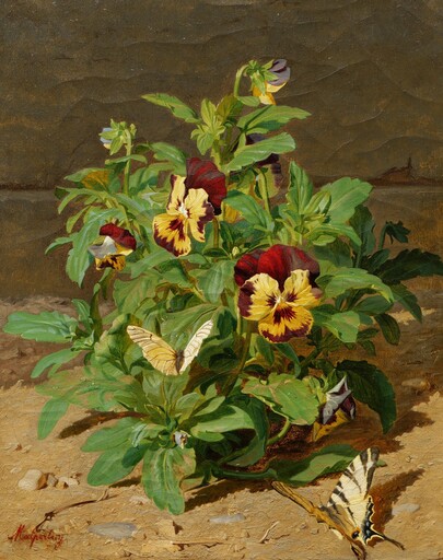 Auguste MALPERTUY - Painting - Giroflées et papillons