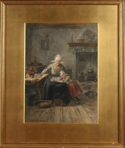 Willem Bernardus IJZERDRAAD - Disegno Acquarello - Tea-drinking grandmother and grandchild 