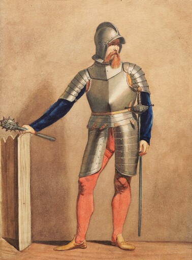 Azzo CAVAZZA - Drawing-Watercolor - Soldat de la Renaissance en armure, tenant une masse