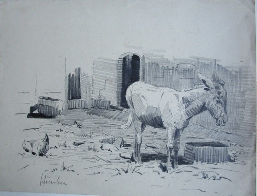Max HÜNTEN - Drawing-Watercolor - Hofansicht mit Esel und Hühner