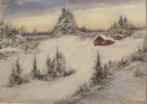 Sigvald ASBJORSEN - Pintura - Cabin in Snow