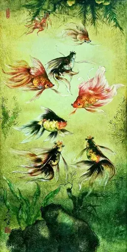 LEE Man Fong - Pintura - Eight Goldfishes, Lee Man Fong