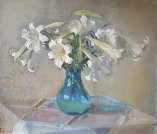 Erich COLM-BIALLA - Painting - White Lilles in a Vase