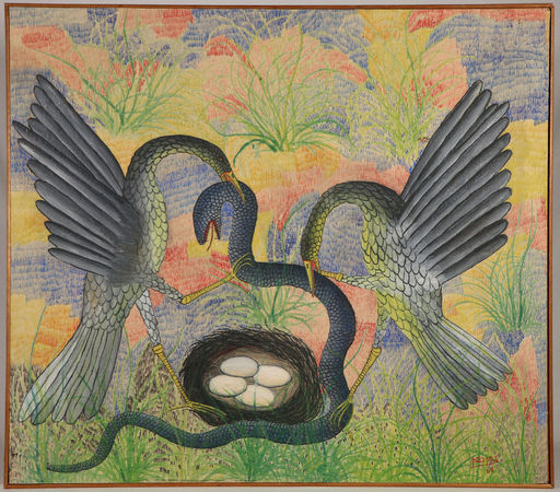 Pilipili MULONGOY - Painting - Untitled (Couple of birds attacking a snake that threatens t