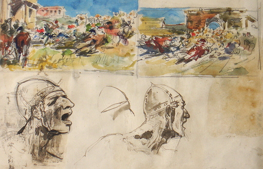 Ulpiano CHECA Y SANZ - Drawing-Watercolor - La invasión de los Bárbaros -  L’invasion des Barbares 
