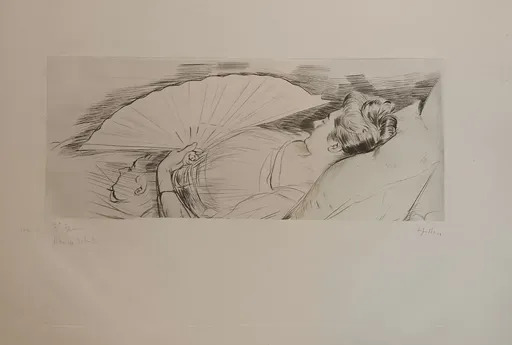 Paul César HELLEU - Druckgrafik-Multiple - Femme coucheé à l'éventail