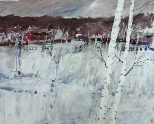 Peter J. KAUTZKY - Peinture - Birken vorm winterlichen Gehöft / Björkar framför hembygdsg