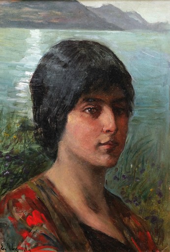 Eduardo URQUIOLA Y AGUIRRE - Painting - Portrait de femme du Pays Basque au bord de la mer