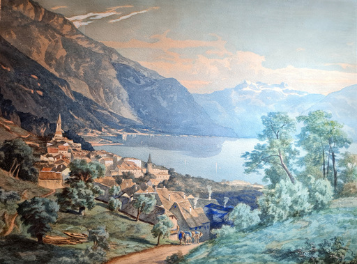 Bernhard Carl MACKELDEY - Disegno Acquarello - Alpensee mit Stadt. 