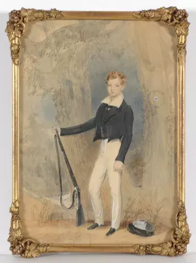 Edward HASTINGS - Miniature - "Portrait of a noble boy posing with gun" watercolor