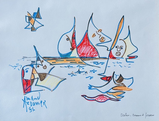Armand BOUVIER - Zeichnung Aquarell - Voiliers poissons et oiseaux