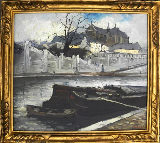 Edouard Léon Louis LEGRAND - 绘画 - "Péniches sur la Seine" Circa 1930
