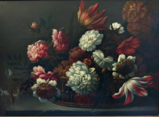 Anton WEISS - Painting - Blumenstillleben  Korb mit Tulpen Chrysanthemen, still life