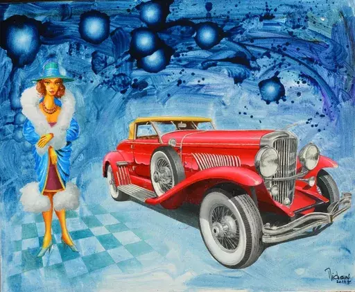 Michel MICHAUX - Peinture - LA VOITURE DE MADAME EST AVANCEE.