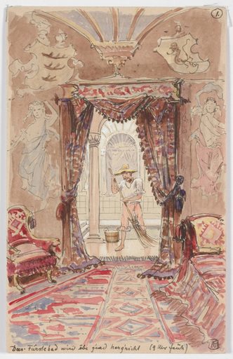 Ludwig Hans FISCHER - Disegno Acquarello - "Bath house in the morining hour" watercolor, 1880s