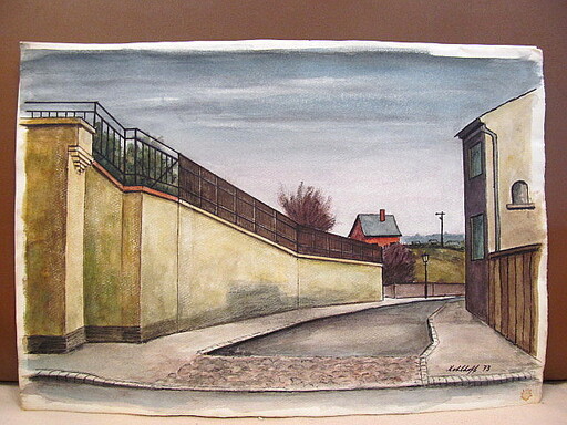 Walter KOHLHOFF - Disegno Acquarello - Mauer mit Zaun an Straße