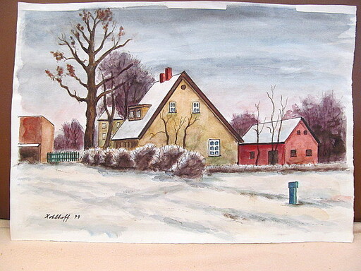 Walter KOHLHOFF - Disegno Acquarello - Haus und  Schuppen im Schnee