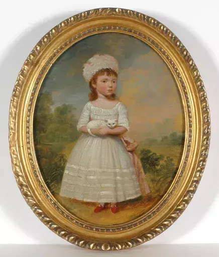 Francis ALLEYNE - Peinture - "Portrait of a child with her cat" , late 18th century